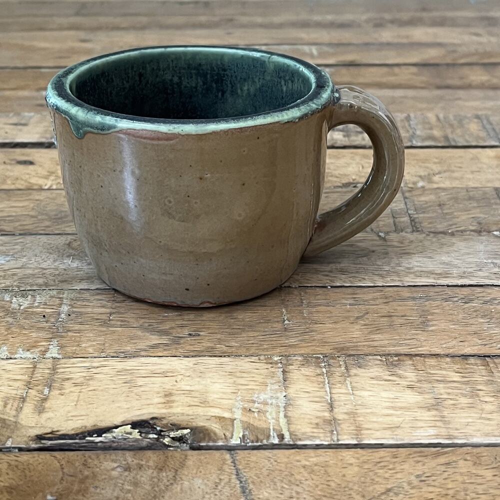 Art Studio Pottery Glazed Ceramic Tan Coffee Mug 3" Emerald Green Interior